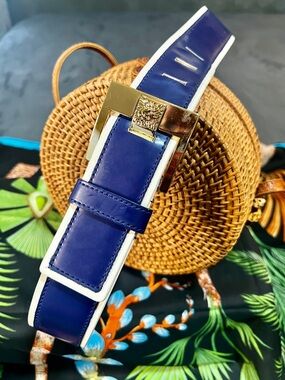 Vintage Anne‎ Klein Navy White Leather Nautical Coastal Preppy Notched Belt M/L